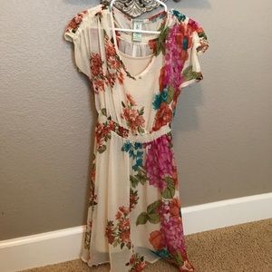Beautiful tan dress with vibrant florals